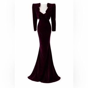 Vintage Roberta Burgundy Velvet 2 Pc Set Mermaid Gown 5/6 w Ruffle Jacket M USA
